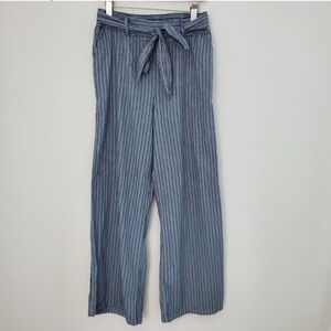 A New Day Pants Large Blue Striped Wide Leg Belted Pull On Casual
